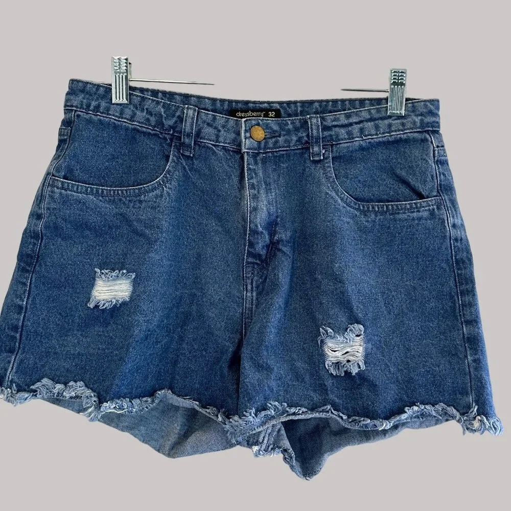 Dressberry Distressed Women's Cotton Denim Shorts 32 W/ Frayed Hem & Pockets